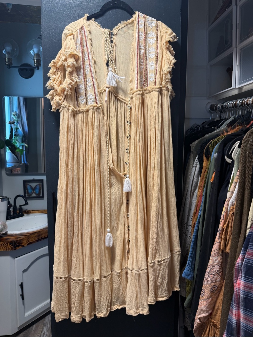 Free People Cream Embroidered Tassel Maxi Dress